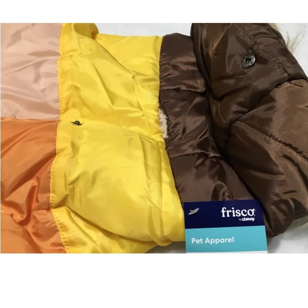 Frisco Pet Apparel XL Dog Brown Colorblock Parka Faux Fur Trim Hood Winter Coat